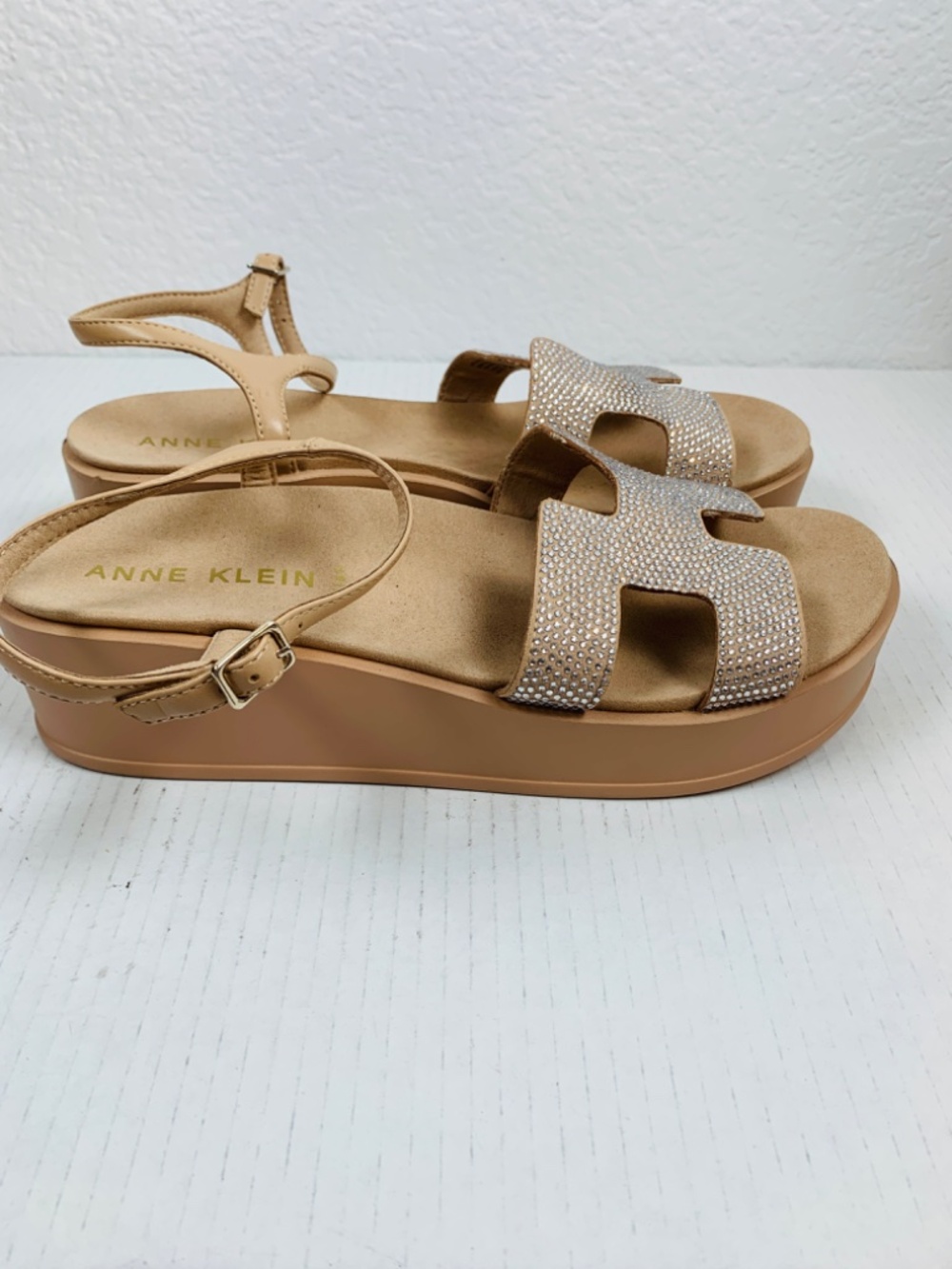 Anne Klein Virginia Rhinestone Platform Wedge Sandals Tan Beige 11M AKVIRGINIA - Picture 9 of 15